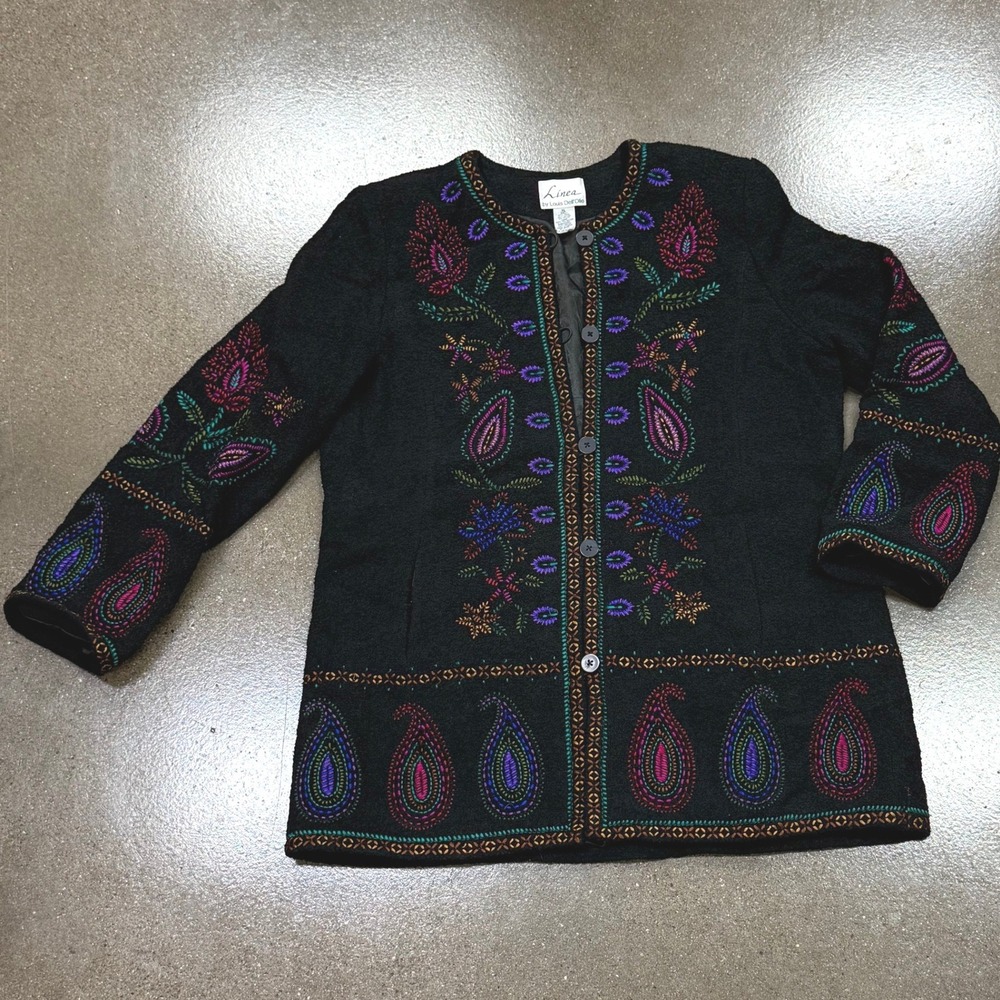 Linea by Louis Dell Olio Womens XL Black Wool Blend Paisley Embroidered Jacket